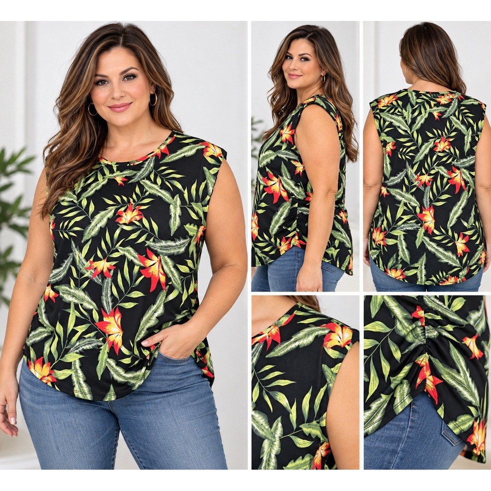 Rachel Rachel Roy Womens 3X Tropical Floral Ribbed Sleeveless Blouse Top NWT